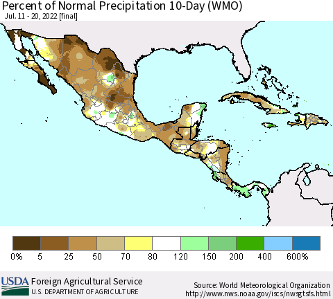Mexico Central America and the Caribbean Percent of Normal Precipitation 10-Day (WMO) Thematic Map For 7/11/2022 - 7/20/2022