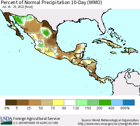 Mexico Central America and the Caribbean Percent of Normal Precipitation 10-Day (WMO) Thematic Map For 7/16/2022 - 7/25/2022
