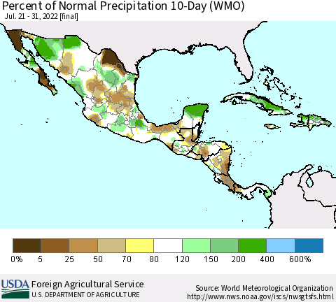 Mexico Central America and the Caribbean Percent of Normal Precipitation 10-Day (WMO) Thematic Map For 7/21/2022 - 7/31/2022