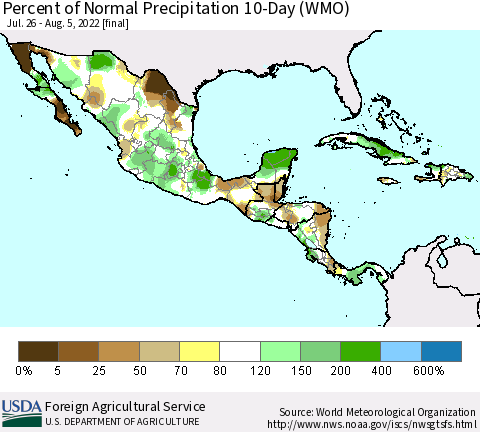 Mexico Central America and the Caribbean Percent of Normal Precipitation 10-Day (WMO) Thematic Map For 7/26/2022 - 8/5/2022