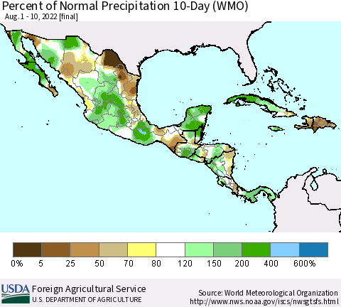 Mexico Central America and the Caribbean Percent of Normal Precipitation 10-Day (WMO) Thematic Map For 8/1/2022 - 8/10/2022
