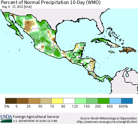 Mexico Central America and the Caribbean Percent of Normal Precipitation 10-Day (WMO) Thematic Map For 8/6/2022 - 8/15/2022