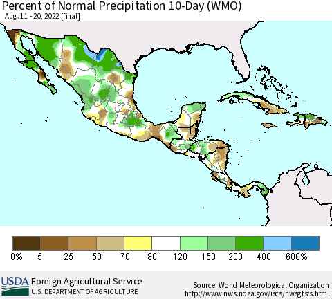 Mexico Central America and the Caribbean Percent of Normal Precipitation 10-Day (WMO) Thematic Map For 8/11/2022 - 8/20/2022