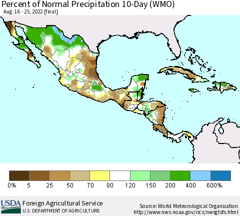 Mexico Central America and the Caribbean Percent of Normal Precipitation 10-Day (WMO) Thematic Map For 8/16/2022 - 8/25/2022