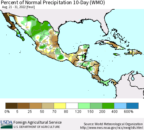 Mexico Central America and the Caribbean Percent of Normal Precipitation 10-Day (WMO) Thematic Map For 8/21/2022 - 8/31/2022