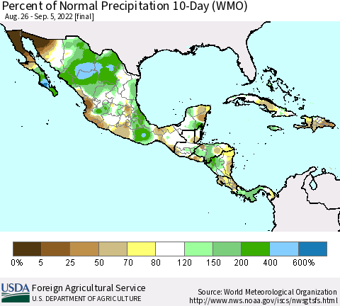 Mexico Central America and the Caribbean Percent of Normal Precipitation 10-Day (WMO) Thematic Map For 8/26/2022 - 9/5/2022