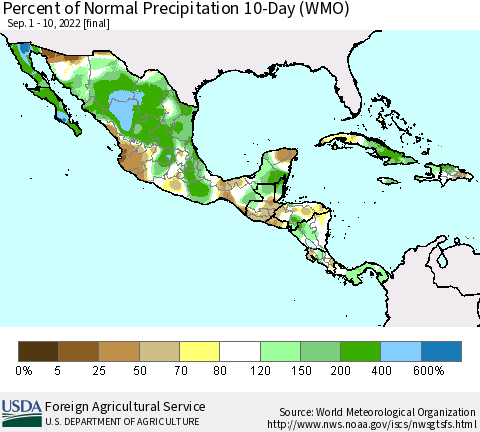 Mexico Central America and the Caribbean Percent of Normal Precipitation 10-Day (WMO) Thematic Map For 9/1/2022 - 9/10/2022