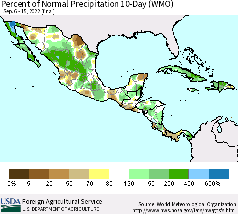 Mexico Central America and the Caribbean Percent of Normal Precipitation 10-Day (WMO) Thematic Map For 9/6/2022 - 9/15/2022