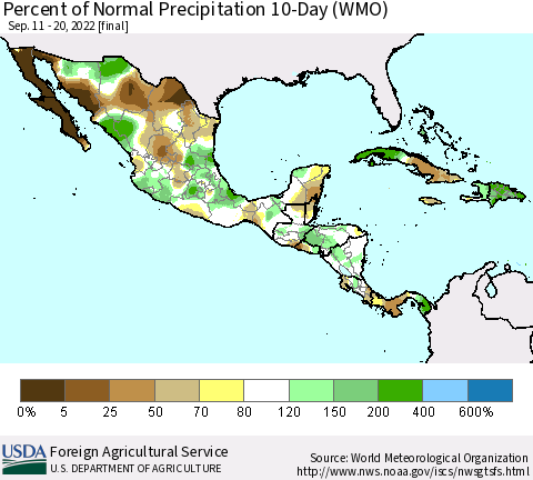 Mexico Central America and the Caribbean Percent of Normal Precipitation 10-Day (WMO) Thematic Map For 9/11/2022 - 9/20/2022
