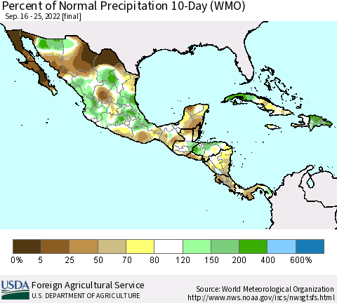 Mexico Central America and the Caribbean Percent of Normal Precipitation 10-Day (WMO) Thematic Map For 9/16/2022 - 9/25/2022
