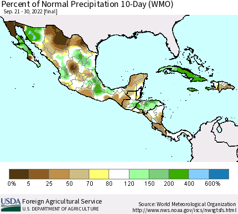 Mexico Central America and the Caribbean Percent of Normal Precipitation 10-Day (WMO) Thematic Map For 9/21/2022 - 9/30/2022
