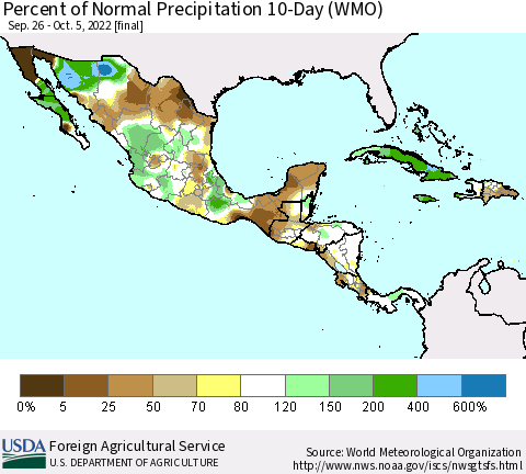 Mexico Central America and the Caribbean Percent of Normal Precipitation 10-Day (WMO) Thematic Map For 9/26/2022 - 10/5/2022
