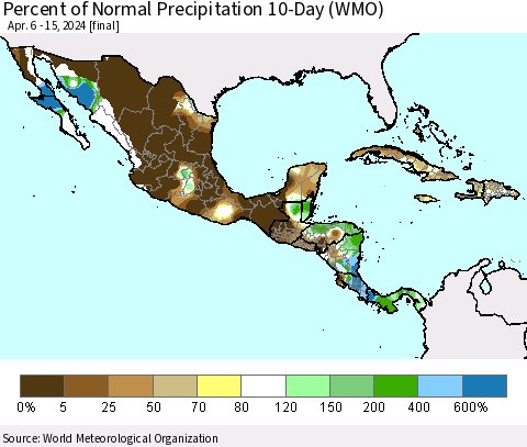 Mexico Central America and the Caribbean Percent of Normal Precipitation 10-Day (WMO) Thematic Map For 4/6/2024 - 4/15/2024