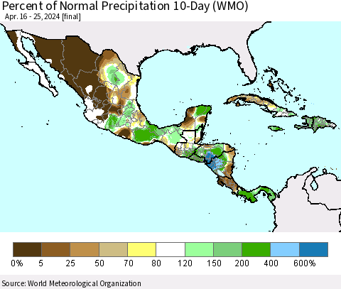 Mexico Central America and the Caribbean Percent of Normal Precipitation 10-Day (WMO) Thematic Map For 4/16/2024 - 4/25/2024