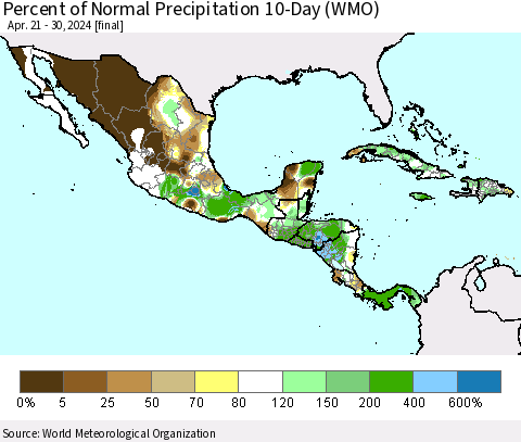 Mexico Central America and the Caribbean Percent of Normal Precipitation 10-Day (WMO) Thematic Map For 4/21/2024 - 4/30/2024