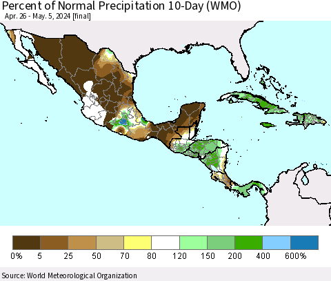 Mexico Central America and the Caribbean Percent of Normal Precipitation 10-Day (WMO) Thematic Map For 4/26/2024 - 5/5/2024