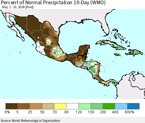 Mexico Central America and the Caribbean Percent of Normal Precipitation 10-Day (WMO) Thematic Map For 5/1/2024 - 5/10/2024