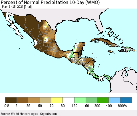 Mexico Central America and the Caribbean Percent of Normal Precipitation 10-Day (WMO) Thematic Map For 5/6/2024 - 5/15/2024