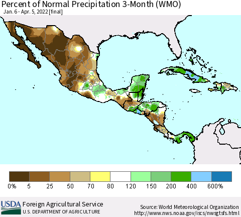 Mexico Central America and the Caribbean Percent of Normal Precipitation 3-Month (WMO) Thematic Map For 1/6/2022 - 4/5/2022