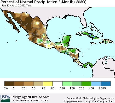 Mexico Central America and the Caribbean Percent of Normal Precipitation 3-Month (WMO) Thematic Map For 1/11/2022 - 4/10/2022