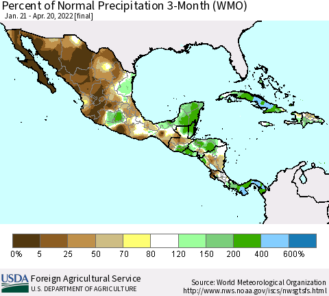 Mexico Central America and the Caribbean Percent of Normal Precipitation 3-Month (WMO) Thematic Map For 1/21/2022 - 4/20/2022