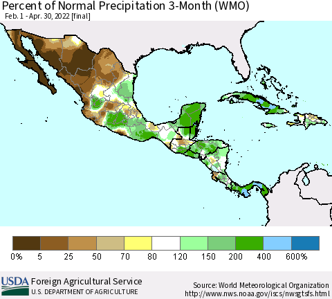 Mexico Central America and the Caribbean Percent of Normal Precipitation 3-Month (WMO) Thematic Map For 2/1/2022 - 4/30/2022