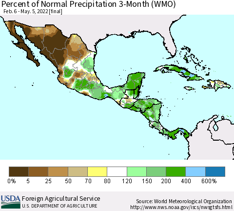 Mexico Central America and the Caribbean Percent of Normal Precipitation 3-Month (WMO) Thematic Map For 2/6/2022 - 5/5/2022