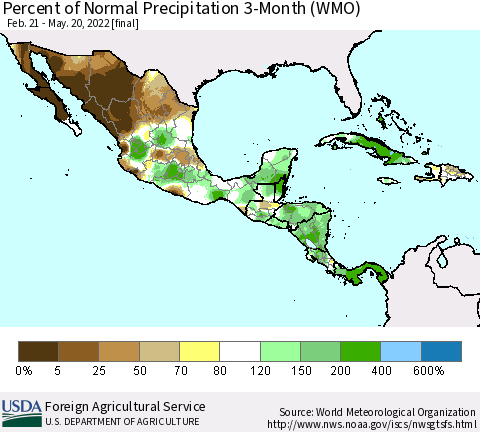 Mexico Central America and the Caribbean Percent of Normal Precipitation 3-Month (WMO) Thematic Map For 2/21/2022 - 5/20/2022