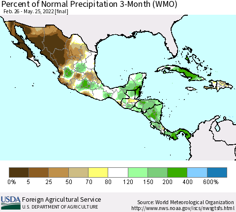 Mexico Central America and the Caribbean Percent of Normal Precipitation 3-Month (WMO) Thematic Map For 2/26/2022 - 5/25/2022