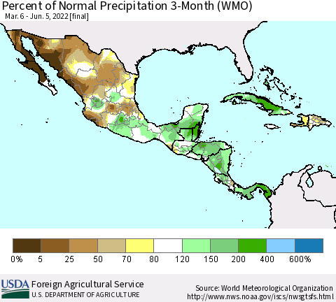Mexico Central America and the Caribbean Percent of Normal Precipitation 3-Month (WMO) Thematic Map For 3/6/2022 - 6/5/2022