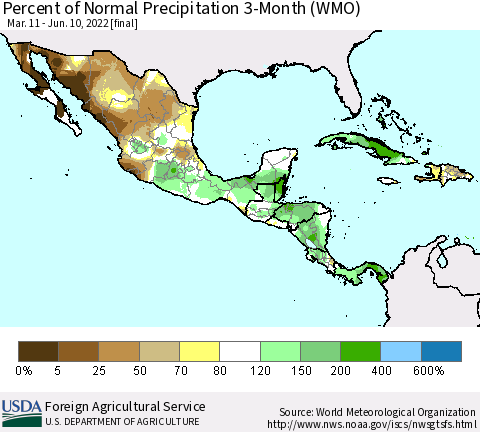 Mexico Central America and the Caribbean Percent of Normal Precipitation 3-Month (WMO) Thematic Map For 3/11/2022 - 6/10/2022