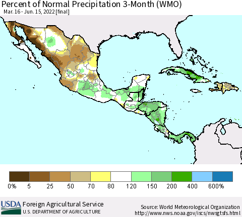 Mexico Central America and the Caribbean Percent of Normal Precipitation 3-Month (WMO) Thematic Map For 3/16/2022 - 6/15/2022