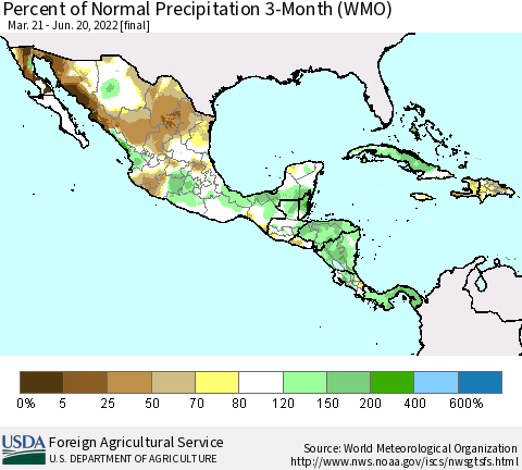 Mexico Central America and the Caribbean Percent of Normal Precipitation 3-Month (WMO) Thematic Map For 3/21/2022 - 6/20/2022