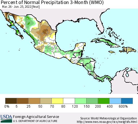 Mexico Central America and the Caribbean Percent of Normal Precipitation 3-Month (WMO) Thematic Map For 3/26/2022 - 6/25/2022
