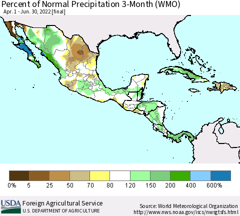 Mexico Central America and the Caribbean Percent of Normal Precipitation 3-Month (WMO) Thematic Map For 4/1/2022 - 6/30/2022