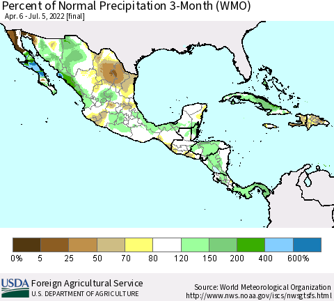 Mexico Central America and the Caribbean Percent of Normal Precipitation 3-Month (WMO) Thematic Map For 4/6/2022 - 7/5/2022