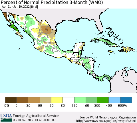 Mexico Central America and the Caribbean Percent of Normal Precipitation 3-Month (WMO) Thematic Map For 4/11/2022 - 7/10/2022