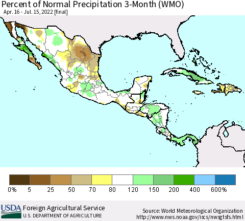 Mexico Central America and the Caribbean Percent of Normal Precipitation 3-Month (WMO) Thematic Map For 4/16/2022 - 7/15/2022