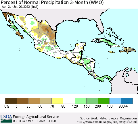 Mexico Central America and the Caribbean Percent of Normal Precipitation 3-Month (WMO) Thematic Map For 4/21/2022 - 7/20/2022