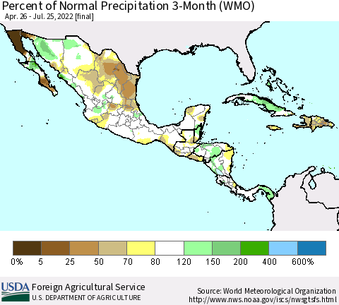 Mexico Central America and the Caribbean Percent of Normal Precipitation 3-Month (WMO) Thematic Map For 4/26/2022 - 7/25/2022