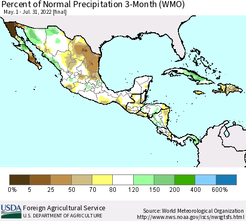 Mexico Central America and the Caribbean Percent of Normal Precipitation 3-Month (WMO) Thematic Map For 5/1/2022 - 7/31/2022