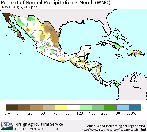 Mexico Central America and the Caribbean Percent of Normal Precipitation 3-Month (WMO) Thematic Map For 5/6/2022 - 8/5/2022