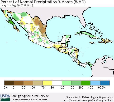 Mexico Central America and the Caribbean Percent of Normal Precipitation 3-Month (WMO) Thematic Map For 5/11/2022 - 8/10/2022