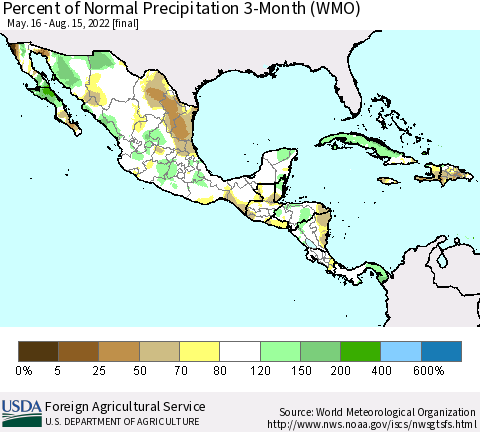 Mexico Central America and the Caribbean Percent of Normal Precipitation 3-Month (WMO) Thematic Map For 5/16/2022 - 8/15/2022