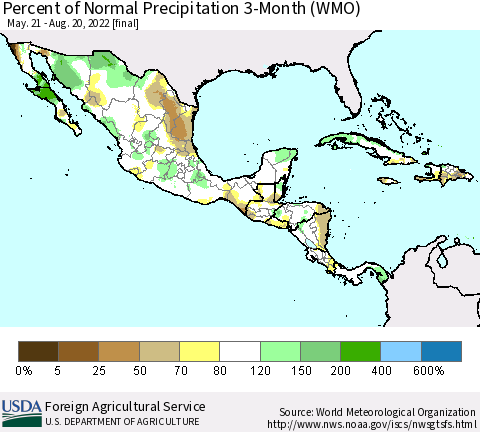 Mexico Central America and the Caribbean Percent of Normal Precipitation 3-Month (WMO) Thematic Map For 5/21/2022 - 8/20/2022