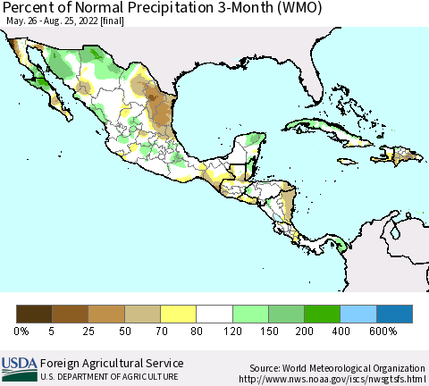 Mexico Central America and the Caribbean Percent of Normal Precipitation 3-Month (WMO) Thematic Map For 5/26/2022 - 8/25/2022