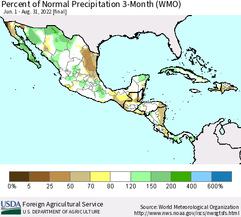 Mexico Central America and the Caribbean Percent of Normal Precipitation 3-Month (WMO) Thematic Map For 6/1/2022 - 8/31/2022