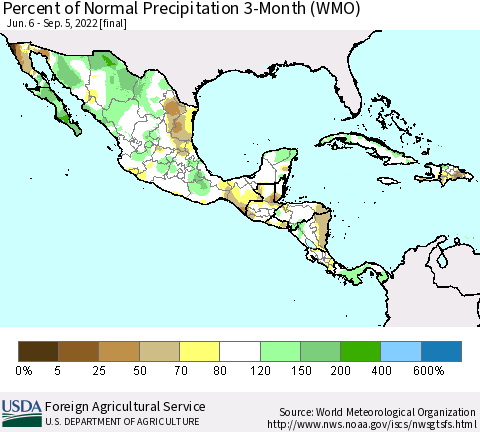 Mexico Central America and the Caribbean Percent of Normal Precipitation 3-Month (WMO) Thematic Map For 6/6/2022 - 9/5/2022