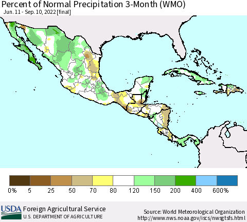 Mexico Central America and the Caribbean Percent of Normal Precipitation 3-Month (WMO) Thematic Map For 6/11/2022 - 9/10/2022