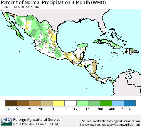 Mexico Central America and the Caribbean Percent of Normal Precipitation 3-Month (WMO) Thematic Map For 6/21/2022 - 9/20/2022